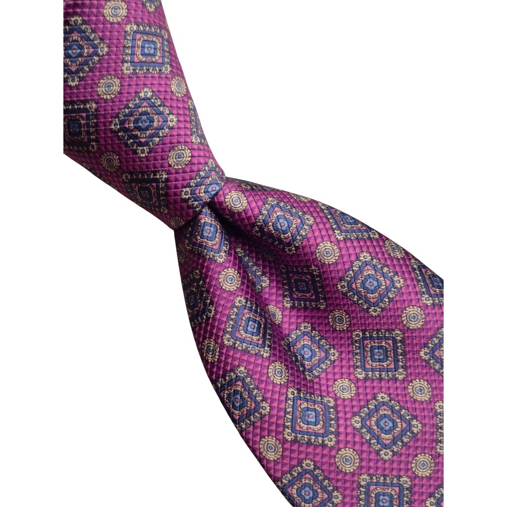 David Donahue Mens Silk Tie Purple Blue Geometric Medallion Handmade USA Italy